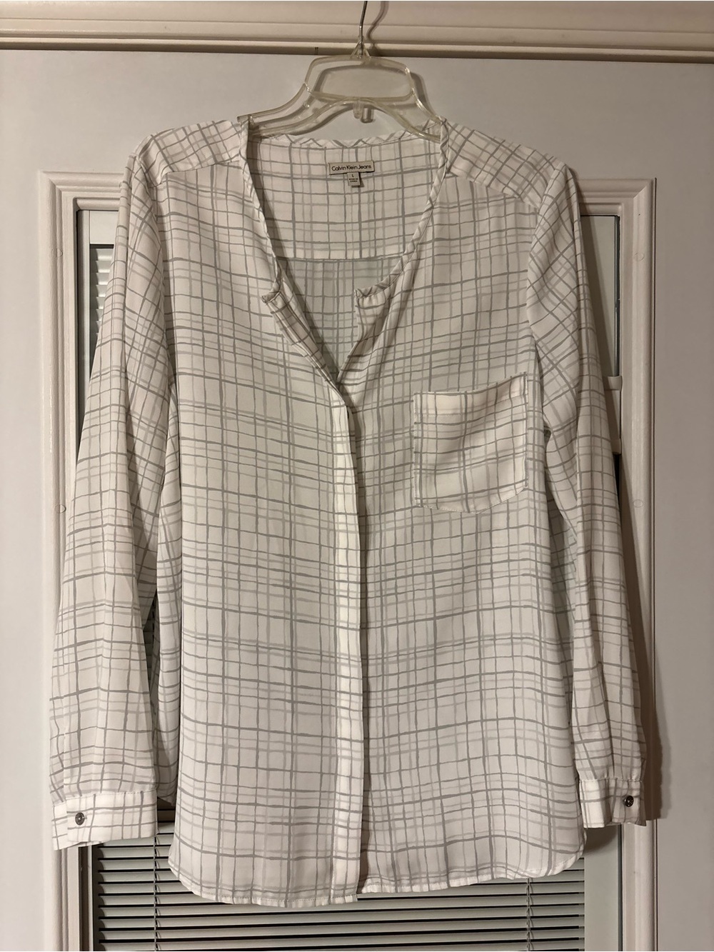 Calvin Klein  White and Gray Grid Button-Down Shirt